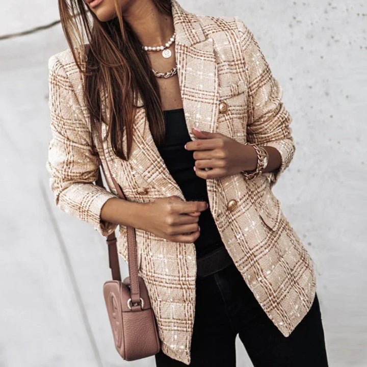 Women's checked long-sleeve blazer with button front