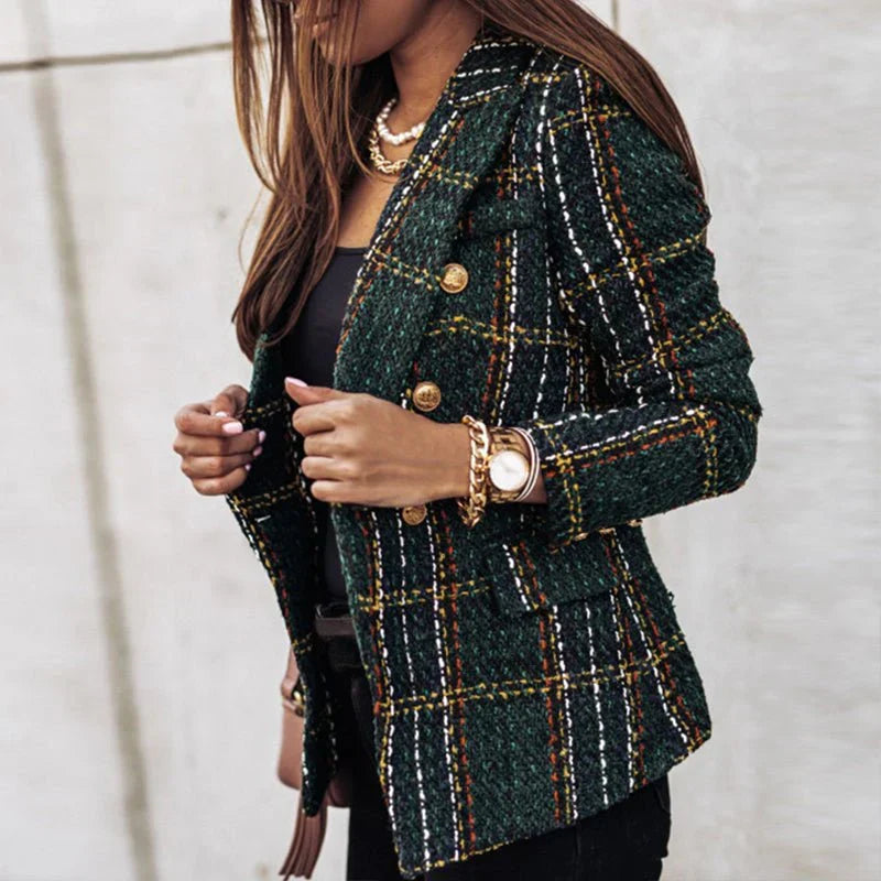 Women's checked long-sleeve blazer with button front