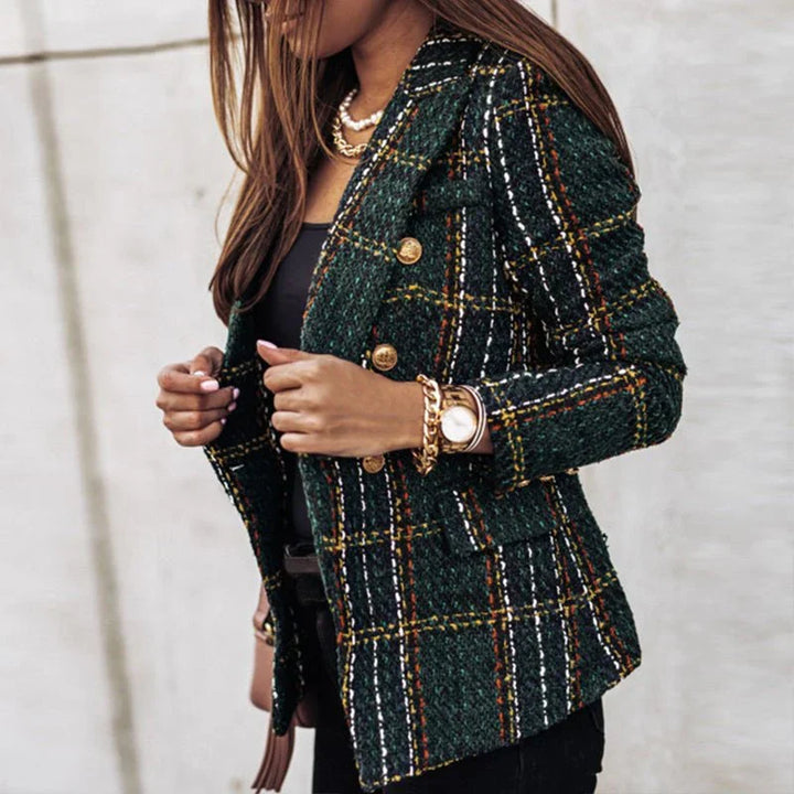 Women's checked long-sleeve blazer with button front