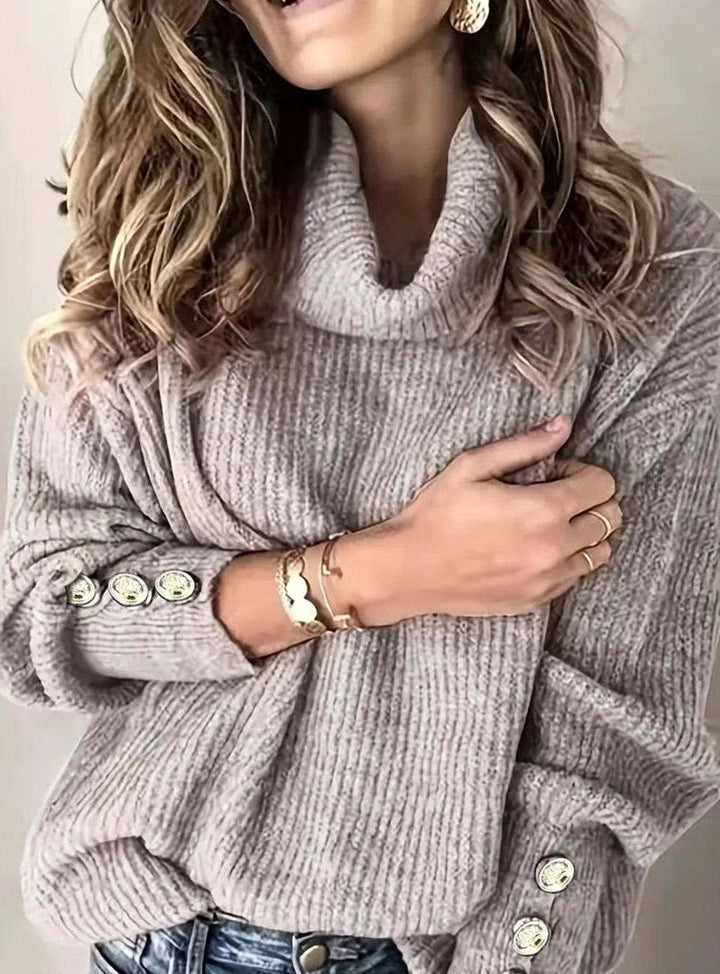 Myra | Women's Ribbed Cowl Neck Sweater Button-Cuff Knit Pullover
