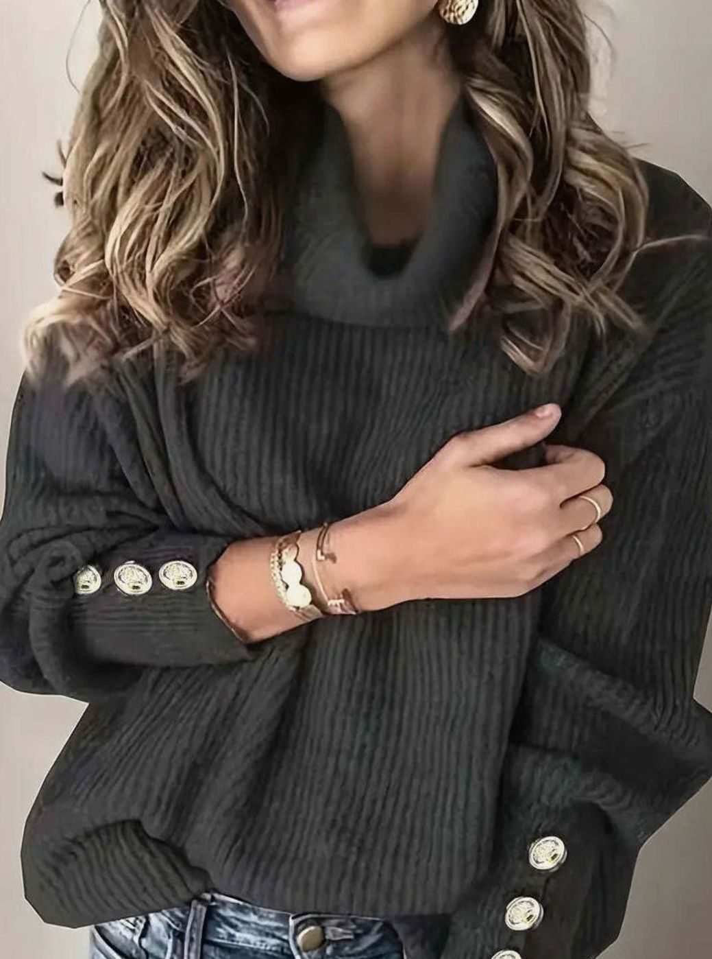 Myra | Women's Ribbed Cowl Neck Sweater Button-Cuff Knit Pullover