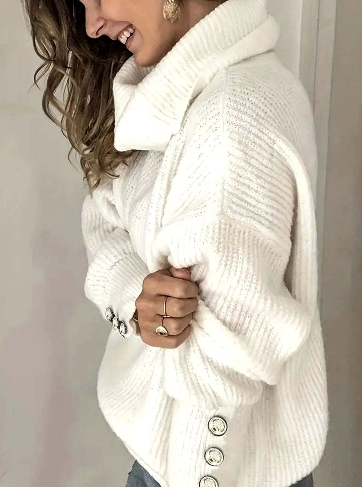 Myra | Women's Ribbed Cowl Neck Sweater Button-Cuff Knit Pullover