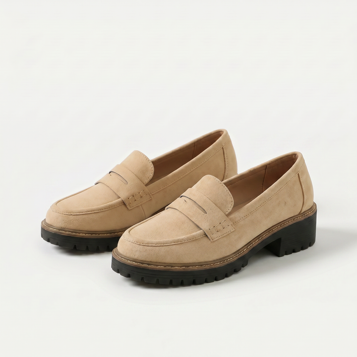 Women's classic slip-on loafers with strap detail, block heels and lug soles