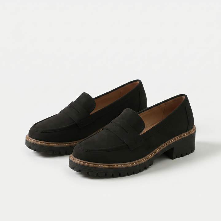 Women's classic slip-on loafers with strap detail, block heels and lug soles