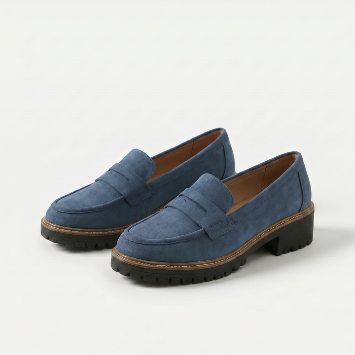 Women's classic slip-on loafers with strap detail, block heels and lug soles