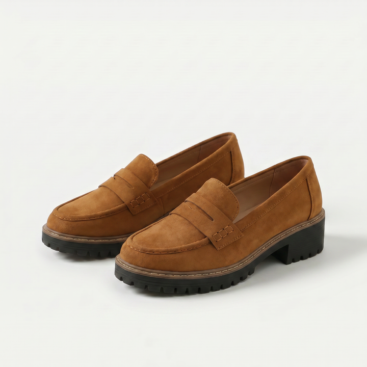 Women's classic slip-on loafers with strap detail, block heels and lug soles