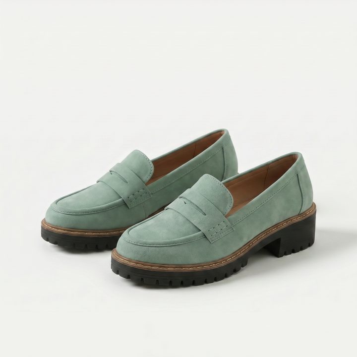 Women's classic slip-on loafers with strap detail, block heels and lug soles