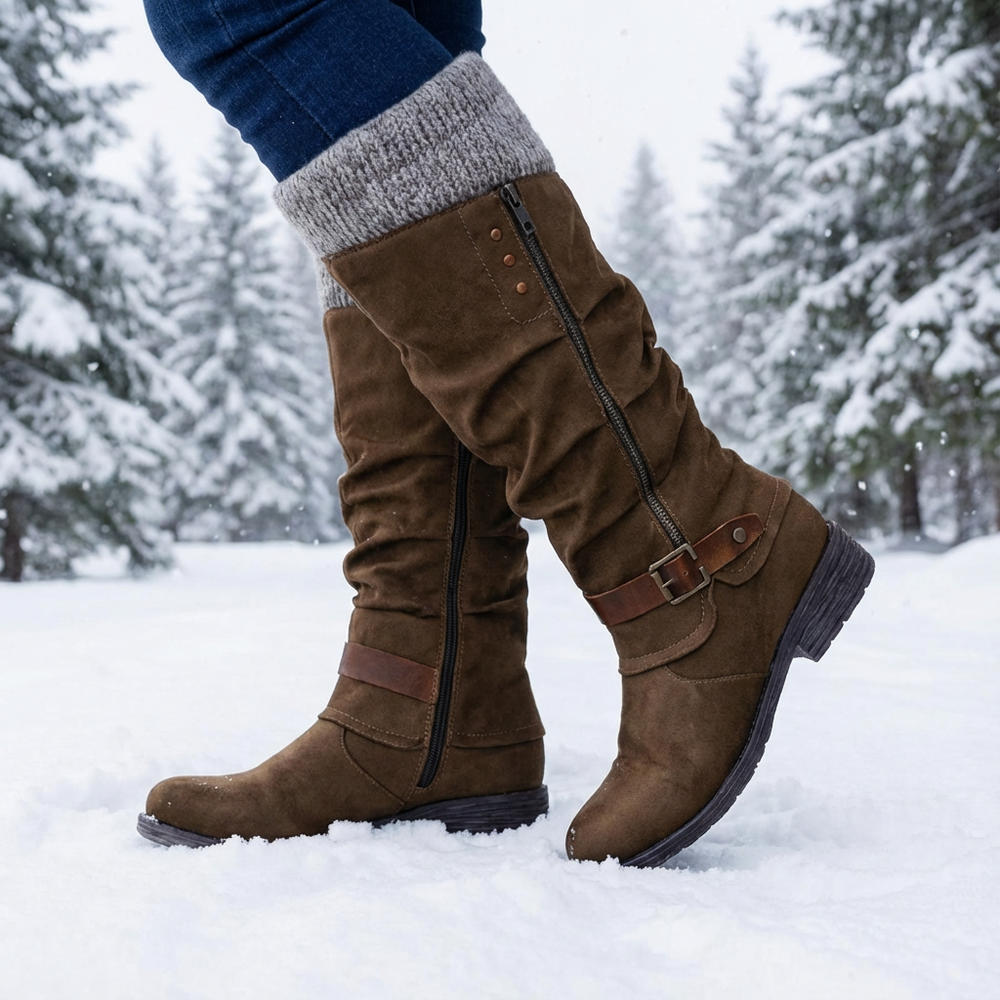 Women's knee-high boots with side zippers, buckle straps and ribbed cuffs