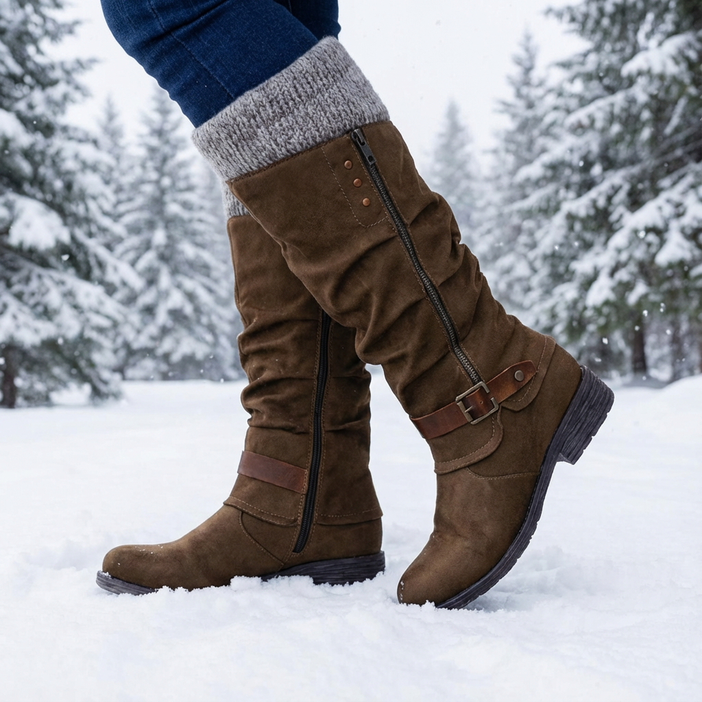 Women's knee-high boots with side zippers, buckle straps and ribbed cuffs