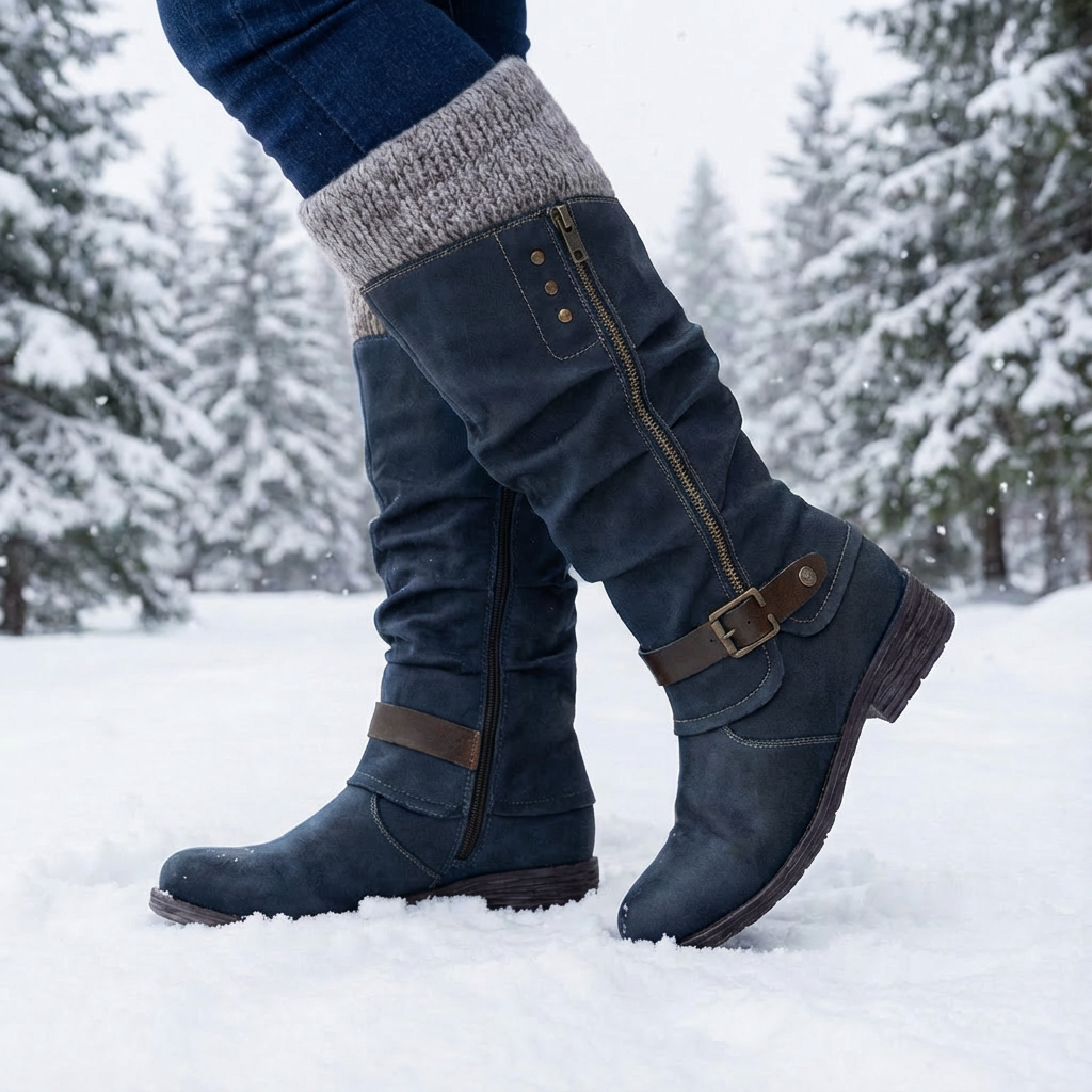Women's knee-high boots with side zippers, buckle straps and ribbed cuffs