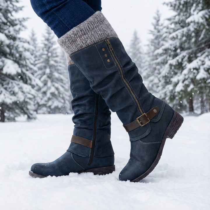 Women's knee-high boots with side zippers, buckle straps and ribbed cuffs