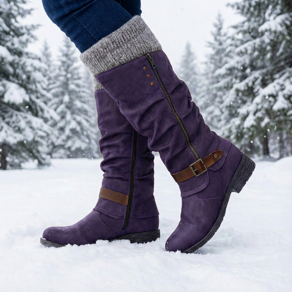 Women's knee-high boots with side zippers, buckle straps and ribbed cuffs