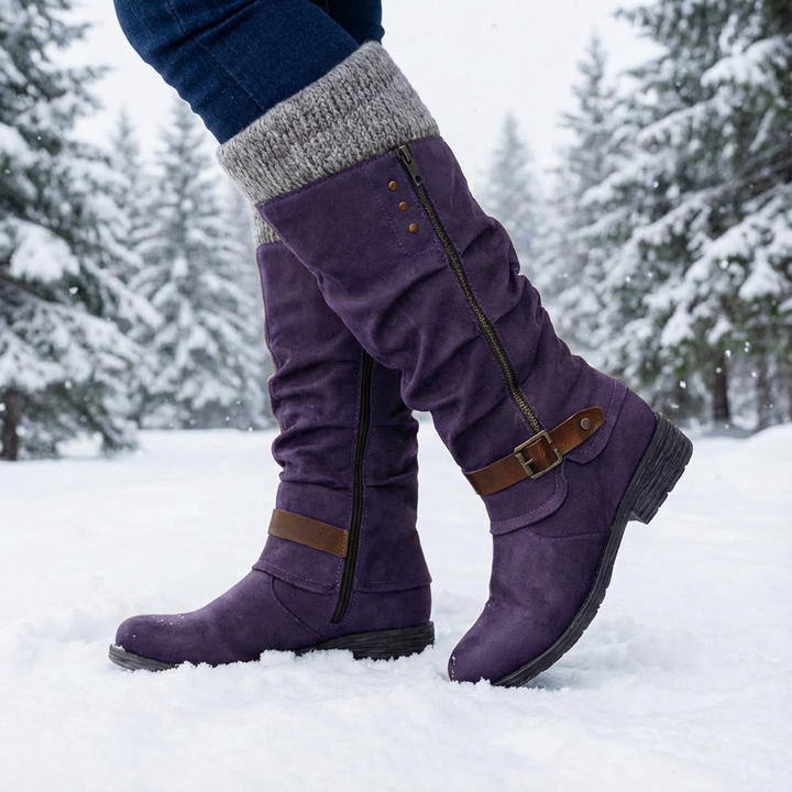 Women's knee-high boots with side zippers, buckle straps and ribbed cuffs