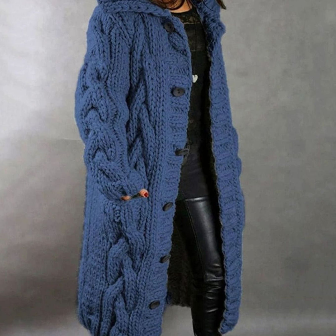 Nora | Women's Oversized Cable Knit Hooded Button Cardigan Long Coat