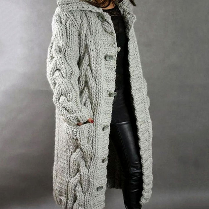 Nora | Women's Oversized Cable Knit Hooded Button Cardigan Long Coat