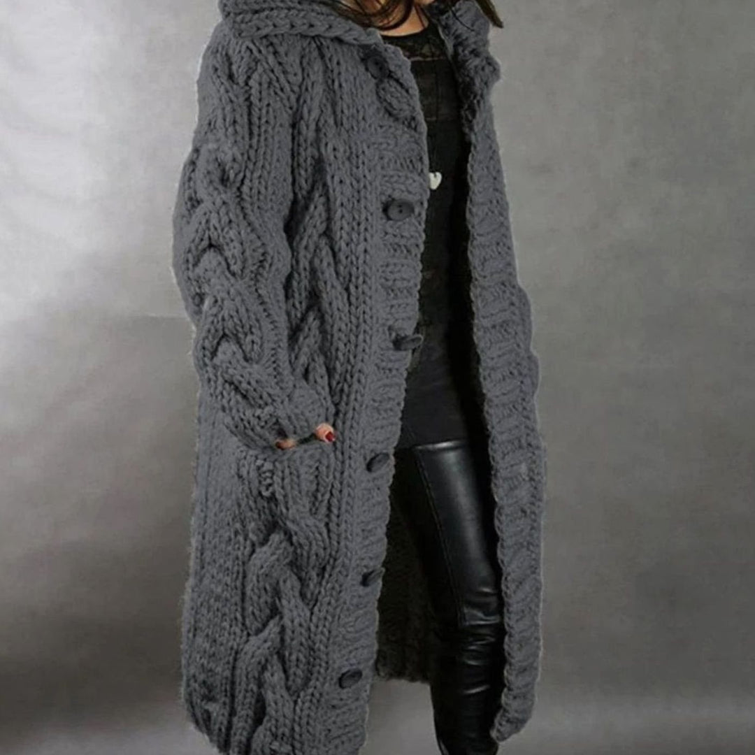 Nora | Women's Oversized Cable Knit Hooded Button Cardigan Long Coat