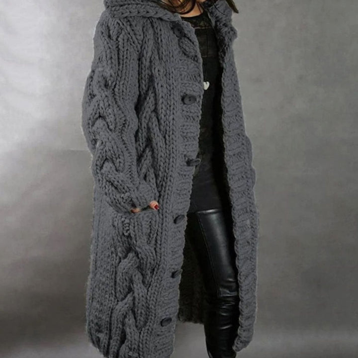 Nora | Women's Oversized Cable Knit Hooded Button Cardigan Long Coat