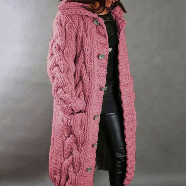 Nora | Women's Oversized Cable Knit Hooded Button Cardigan Long Coat