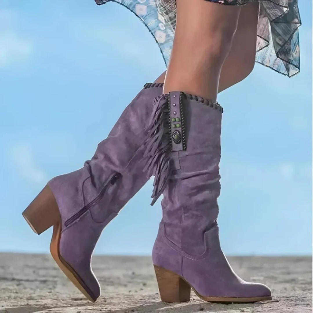 Women's knee-high cowboy boots with fringe trim, side zipper and block heel
