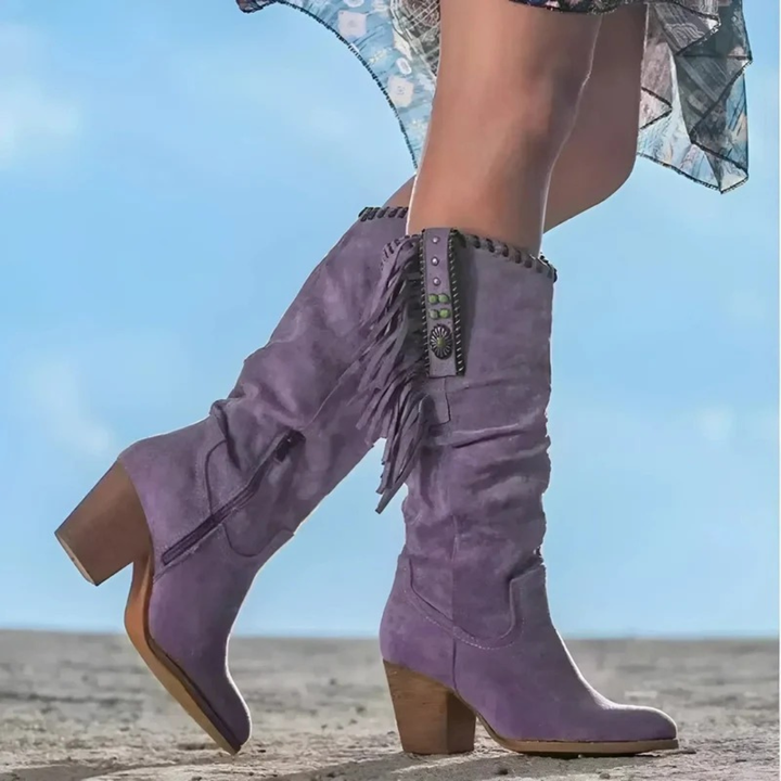 Women's knee-high cowboy boots with fringe trim, side zipper and block heel