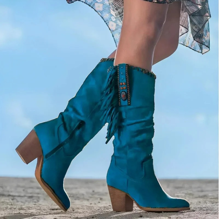 Women's knee-high cowboy boots with fringe trim, side zipper and block heel
