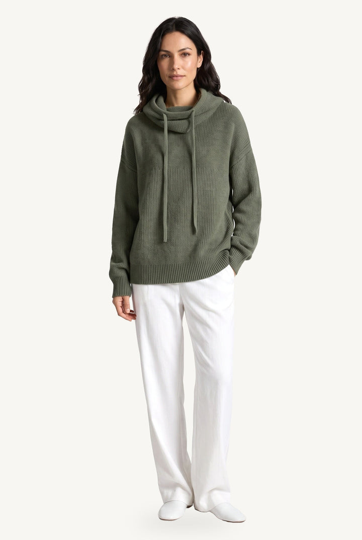Women's hooded knit hoodie with cowl neckline, drawstrings and ribbed trims