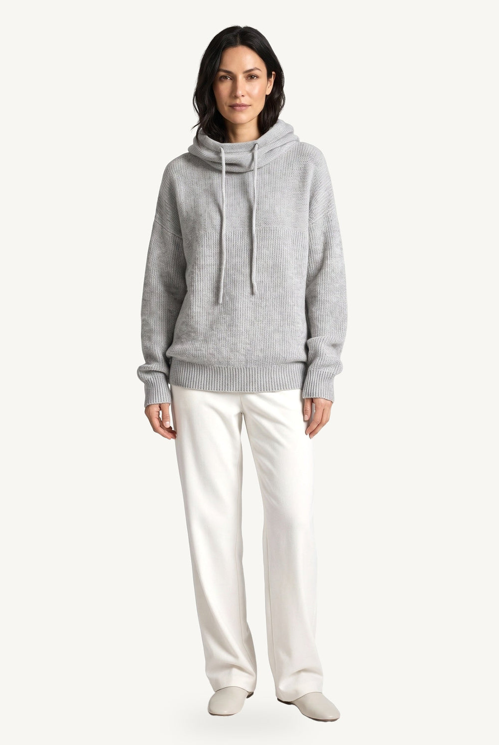 Women's hooded knit hoodie with cowl neckline, drawstrings and ribbed trims
