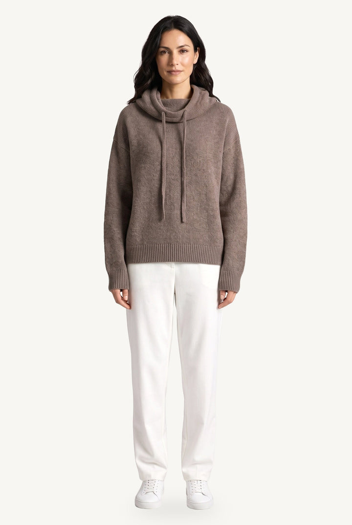 Women's hooded knit hoodie with cowl neckline, drawstrings and ribbed trims