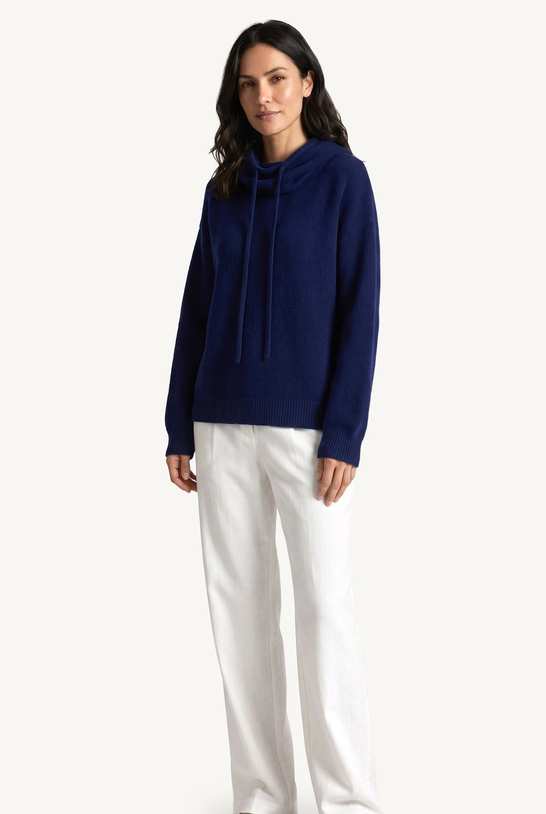 Women's hooded knit hoodie with cowl neckline, drawstrings and ribbed trims