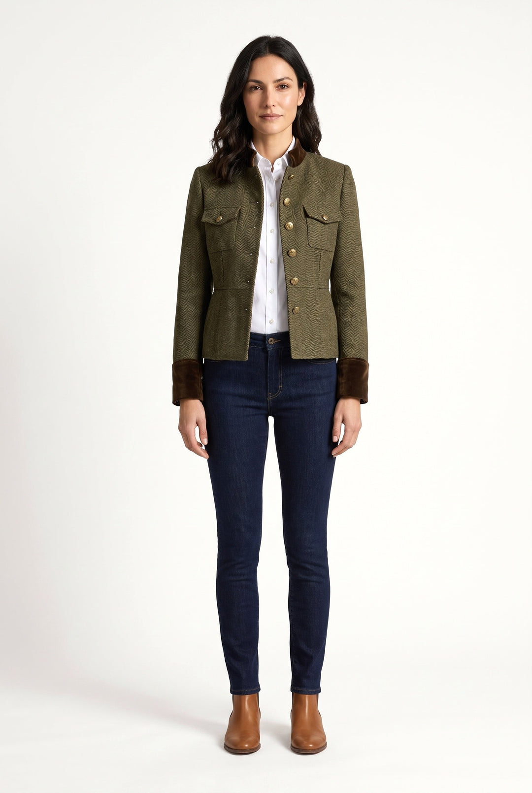 Women's green herringbone blazer with stand collar, button front and contrast cuffs