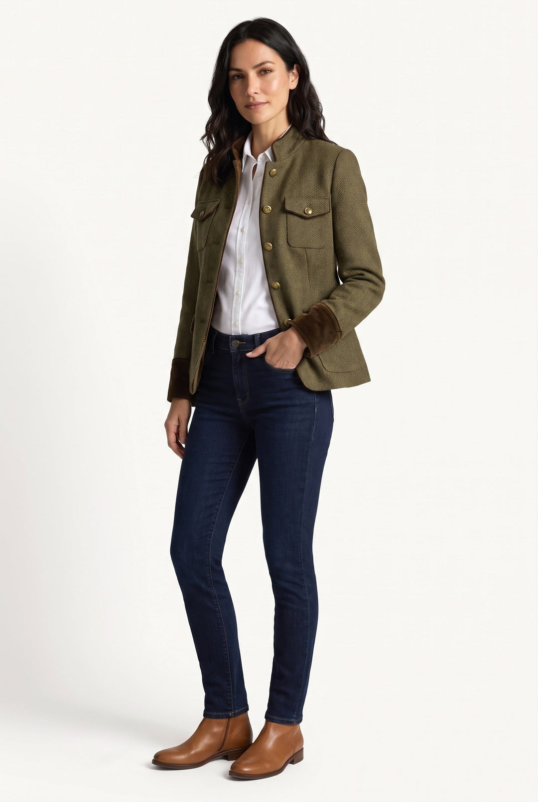 Women's green herringbone blazer with stand collar, button front and contrast cuffs