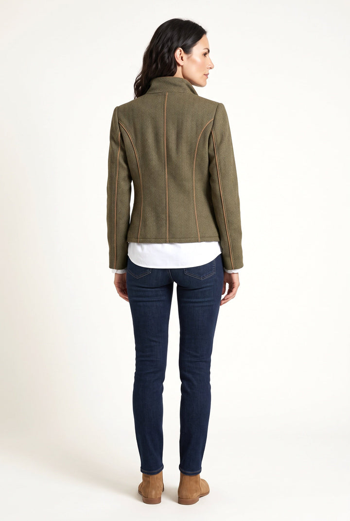 Women's green herringbone blazer with stand collar, button front and contrast cuffs