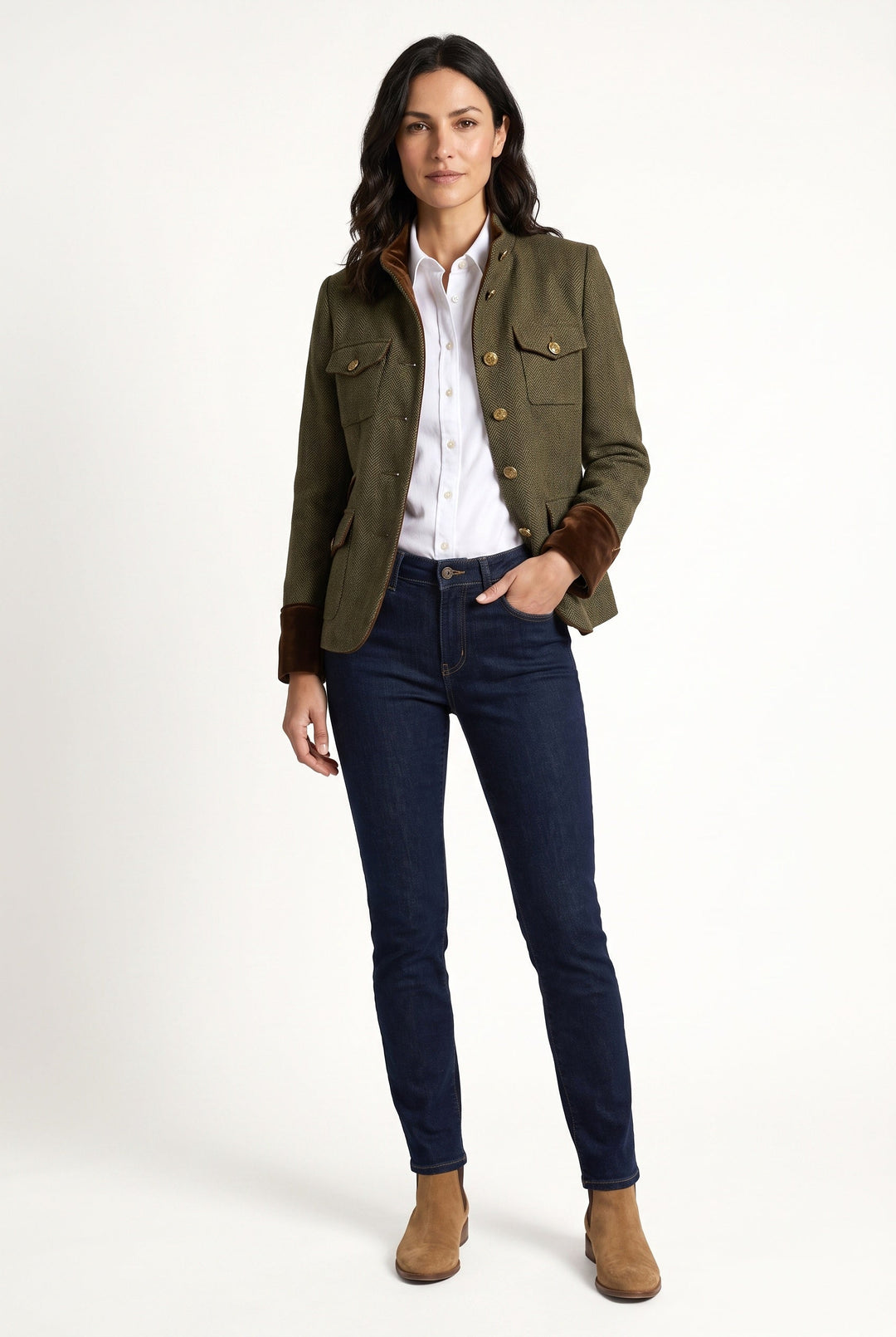 Women's green herringbone blazer with stand collar, button front and contrast cuffs
