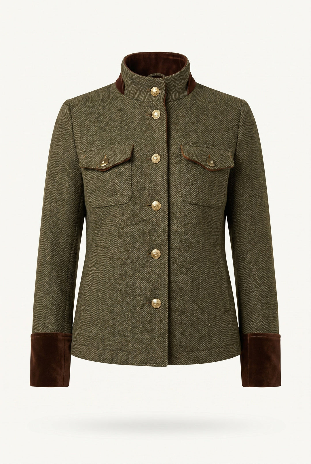 Women's green herringbone blazer with stand collar, button front and contrast cuffs