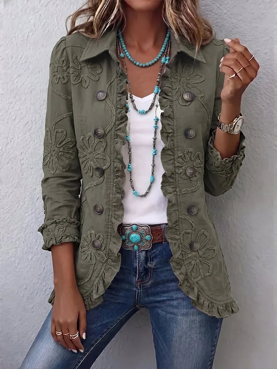 Women's collared shirt jacket with floral embroidery, buttons and ruffled trim