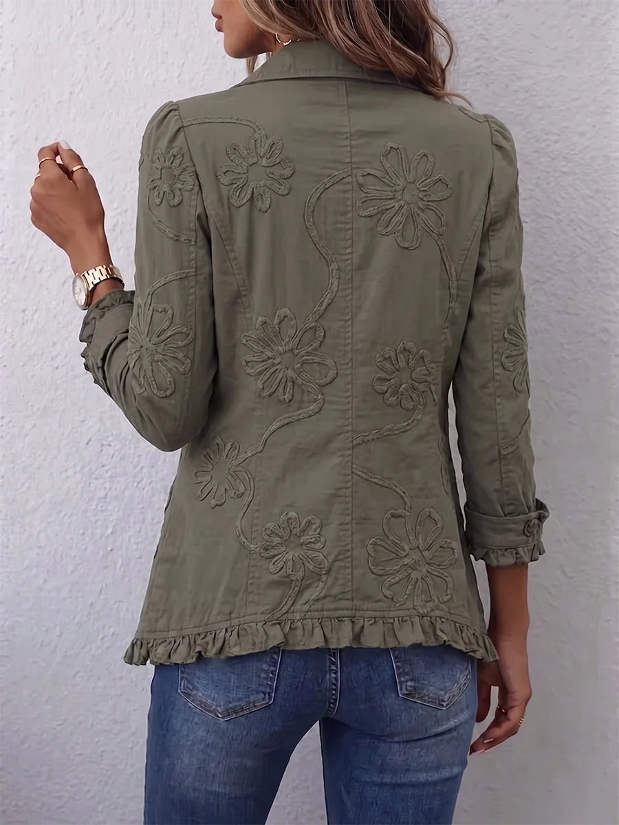 Women's collared shirt jacket with floral embroidery, buttons and ruffled trim