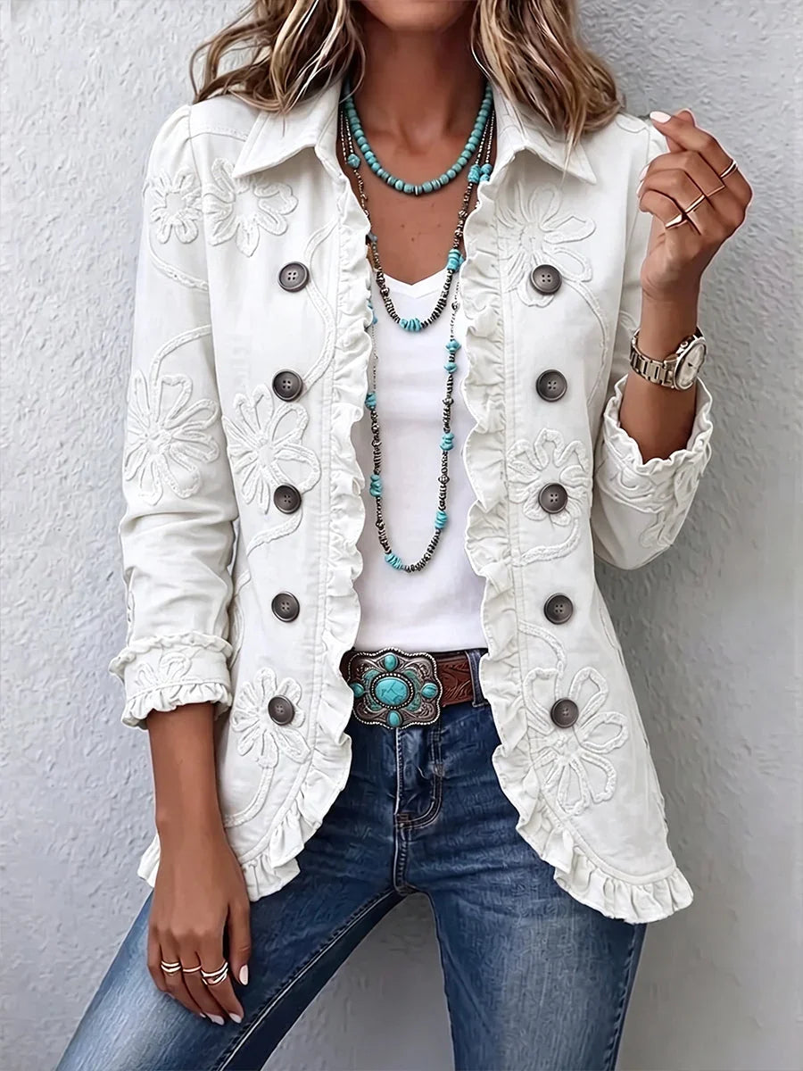 Women's collared shirt jacket with floral embroidery, buttons and ruffled trim