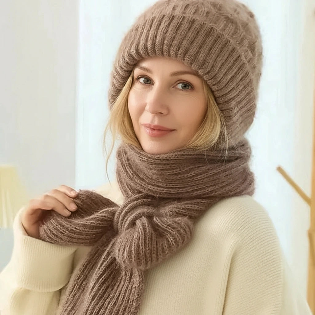 Women's ribbed knit winter hat and scarf set with full head and neck coverage