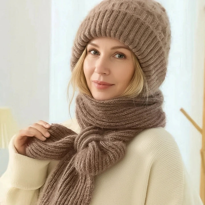 Women's ribbed knit winter hat and scarf set with full head and neck coverage