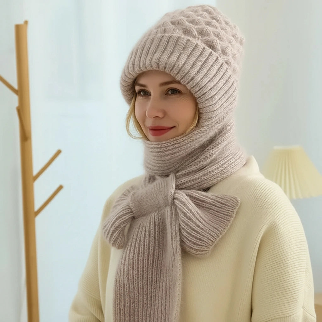 Women's ribbed knit winter hat and scarf set with full head and neck coverage