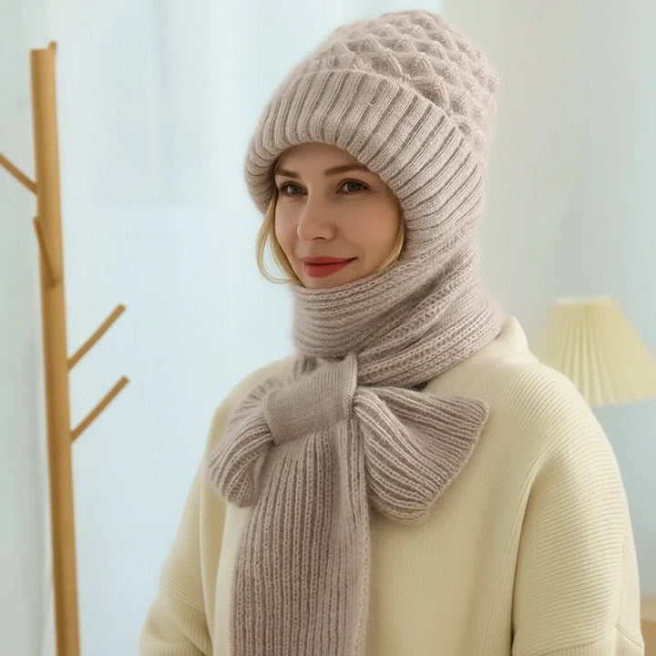Women's ribbed knit winter hat and scarf set with full head and neck coverage