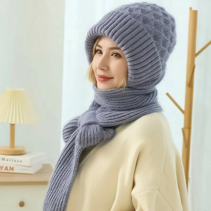 Women's ribbed knit winter hat and scarf set with full head and neck coverage