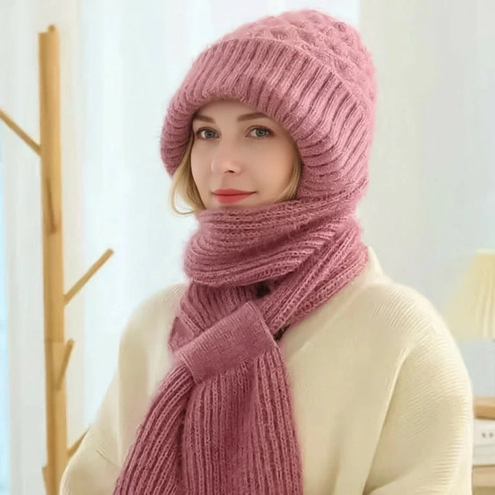 Women's ribbed knit winter hat and scarf set with full head and neck coverage