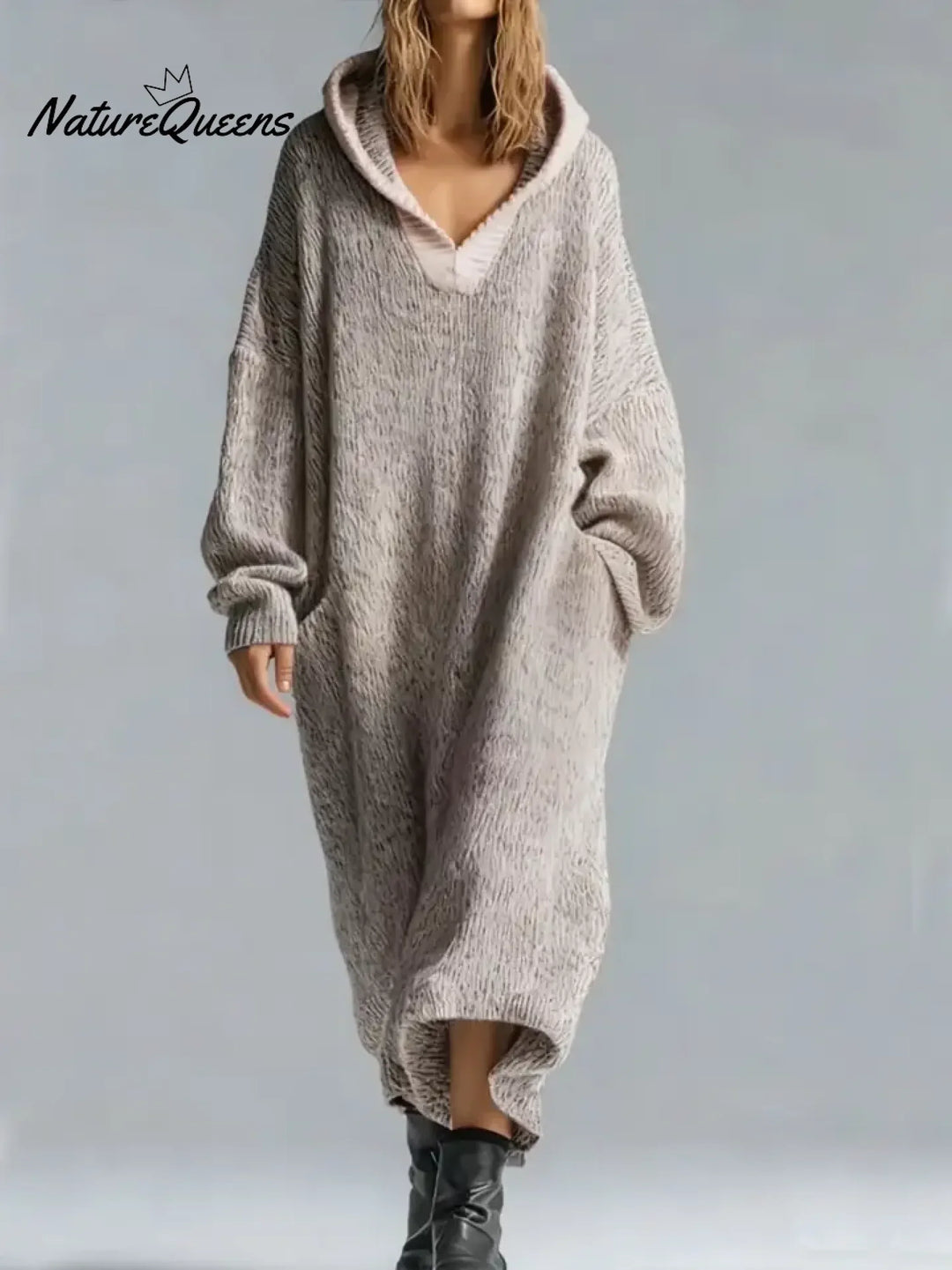 Women's textured hooded midi sweater dress with long sleeves