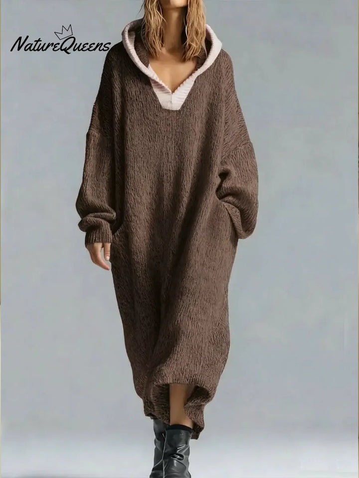 Women's textured hooded midi sweater dress with long sleeves