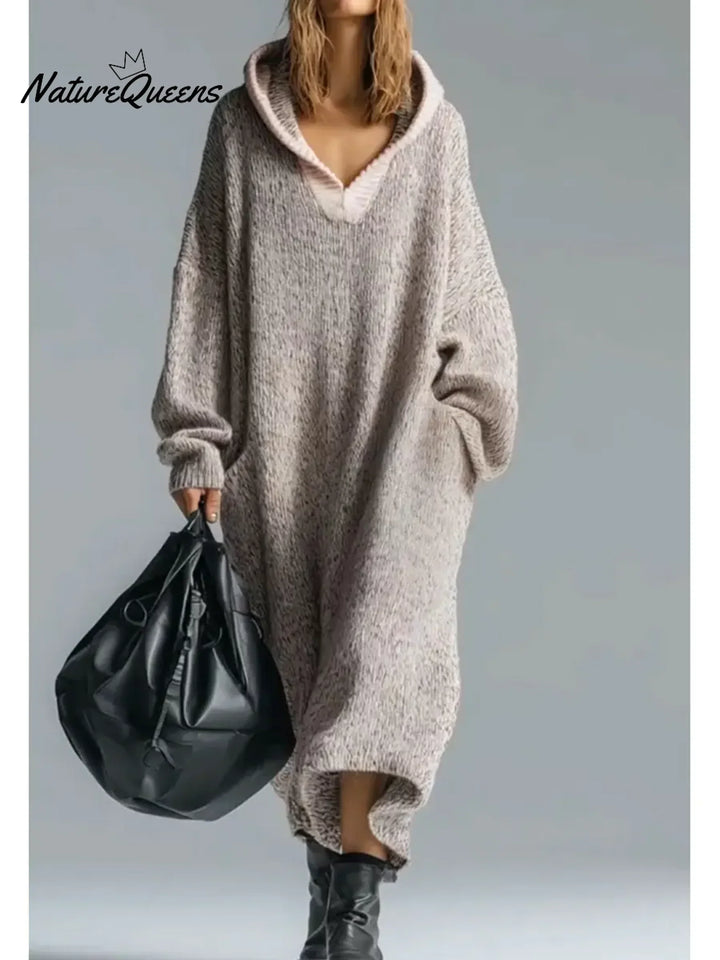 Women's textured hooded midi sweater dress with long sleeves