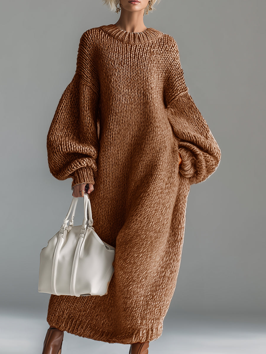 Women's textured knit maxi dress with crew neck and long balloon sleeves