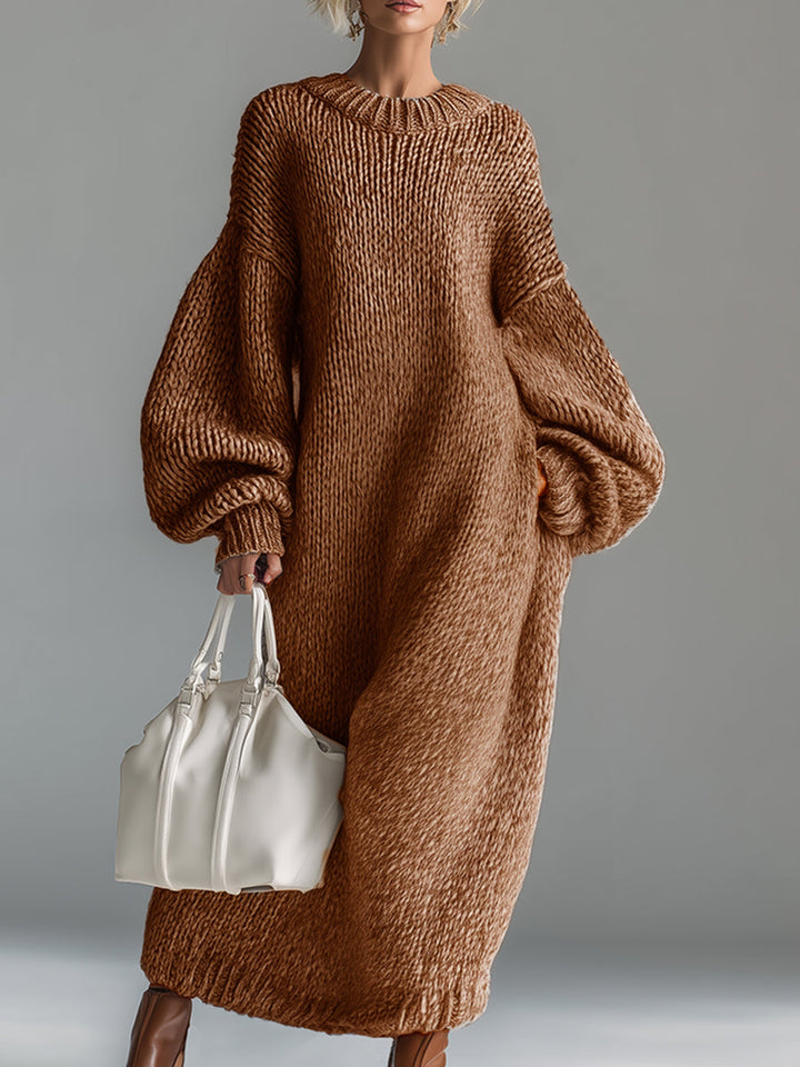 Women's textured knit maxi dress with crew neck and long balloon sleeves
