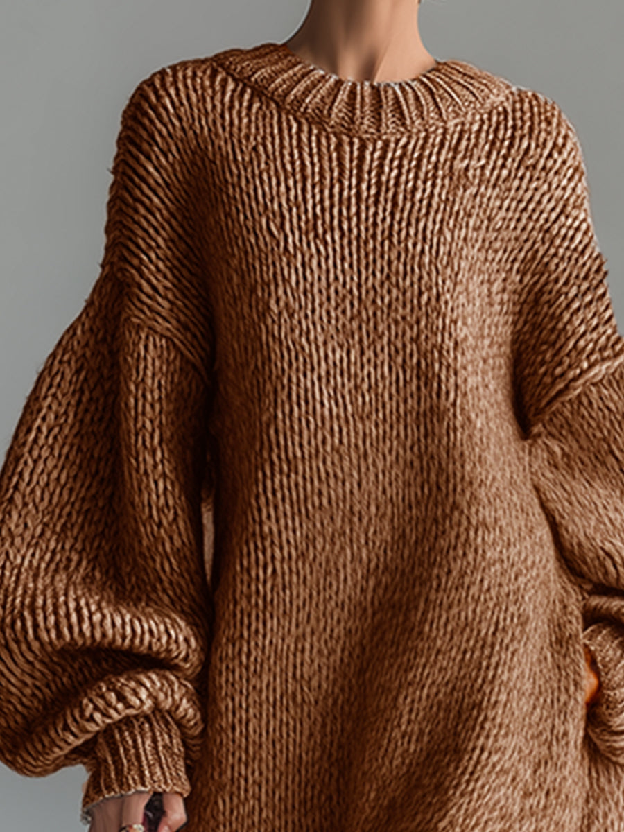 Women's textured knit maxi dress with crew neck and long balloon sleeves