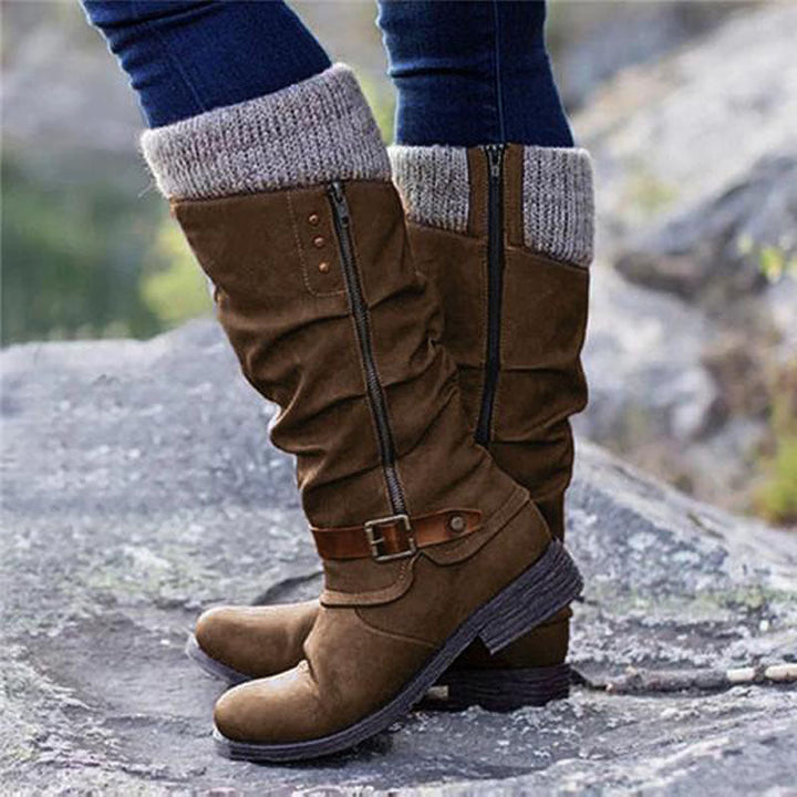Women's slouch calf boots with knit cuffs, side zippers and buckle straps